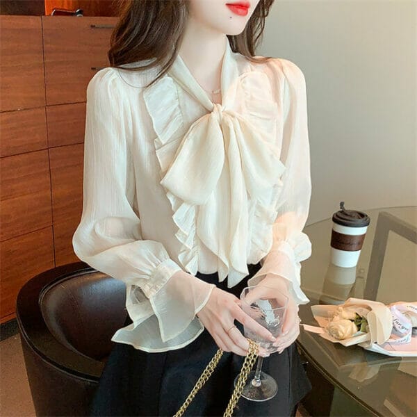 Grace Retro Flouncing Tie Collar Flare Sleeve Chiffon Blouse 5