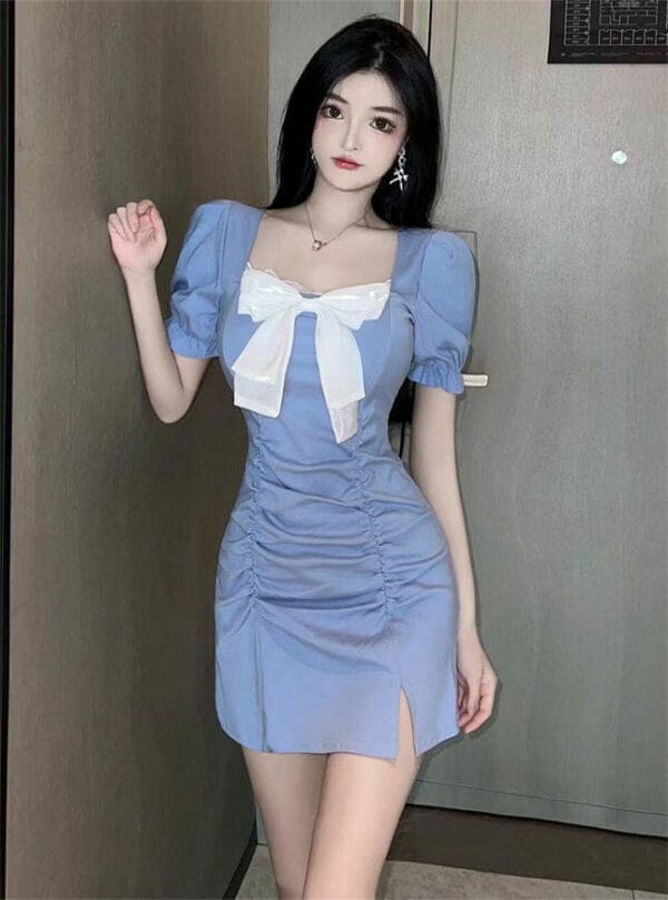 Grace Sexy 3 Colors Bowknot Collar Pleated Puff Sleeve Dress 5