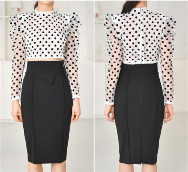 Grace Sexy Dots Puff Sleeve Blouse with Skinny Midi Skirt 6