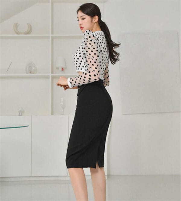 Grace Sexy Dots Puff Sleeve Blouse with Skinny Midi Skirt 5