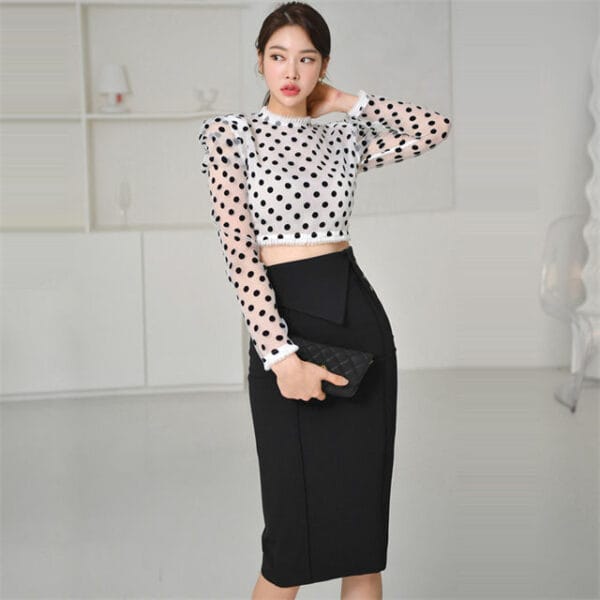 Grace Sexy Dots Puff Sleeve Blouse with Skinny Midi Skirt 4