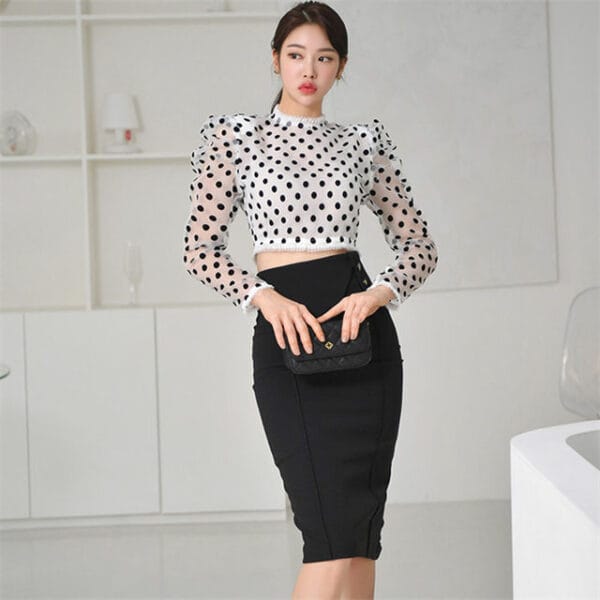 Grace Sexy Dots Puff Sleeve Blouse with Skinny Midi Skirt 3