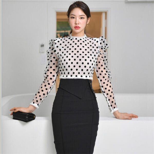 Grace Sexy Dots Puff Sleeve Blouse with Skinny Midi Skirt 2