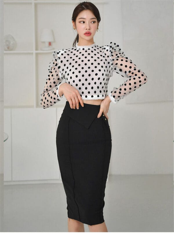 Grace Sexy Dots Puff Sleeve Blouse with Skinny Midi Skirt 1