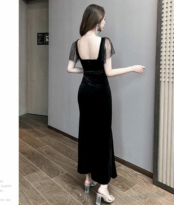 Grace Women 3 Colors Square Collar Split Velvet Long Dress 6