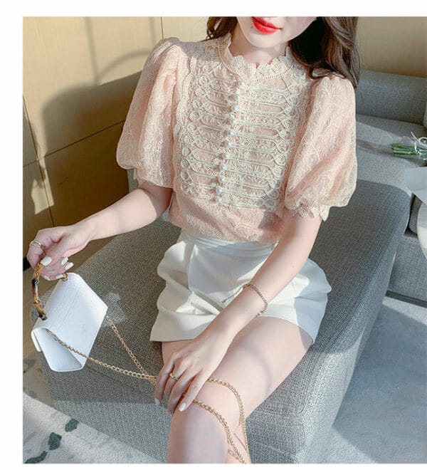 Grace Women Beads Pearls Lace Puff Sleeve Blouse 4