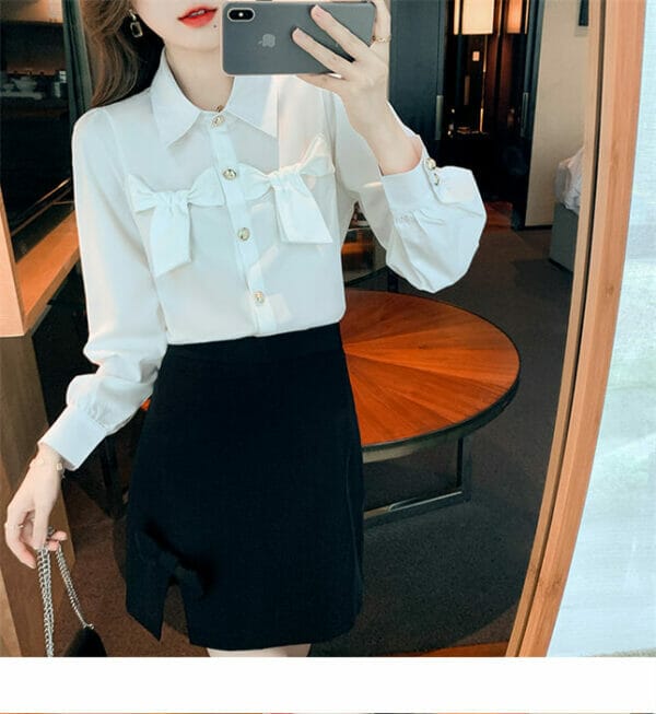 Grace Women Bowknots Shirt Collar Puff Sleeve Blouse 4