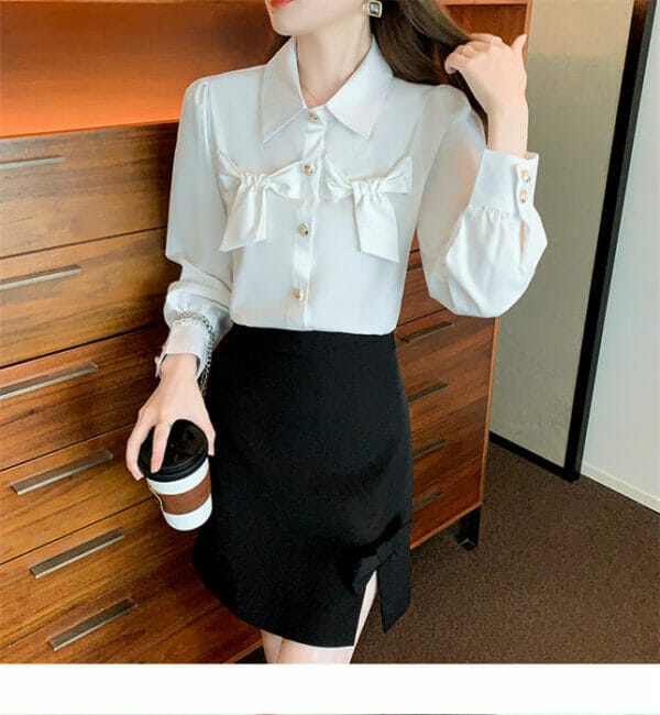 Grace Women Bowknots Shirt Collar Puff Sleeve Blouse 3