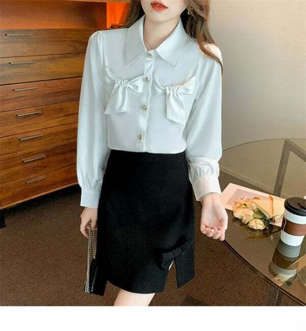 Grace Women Bowknots Shirt Collar Puff Sleeve Blouse 1