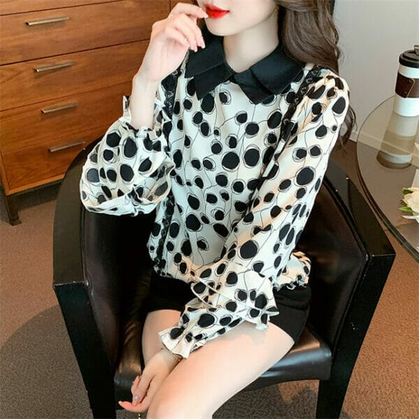 Grace Women Doll Collar Lace Splicing Dots Flare Sleeve Blouse 5
