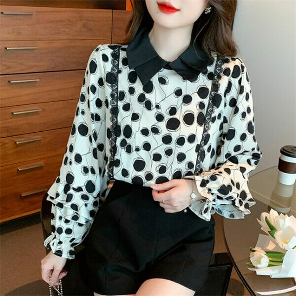 Grace Women Doll Collar Lace Splicing Dots Flare Sleeve Blouse 4