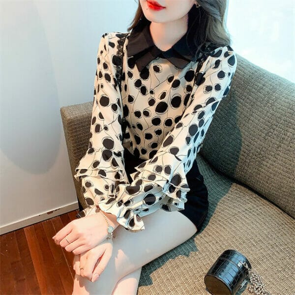 Grace Women Doll Collar Lace Splicing Dots Flare Sleeve Blouse 3