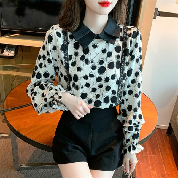Grace Women Doll Collar Lace Splicing Dots Flare Sleeve Blouse 2