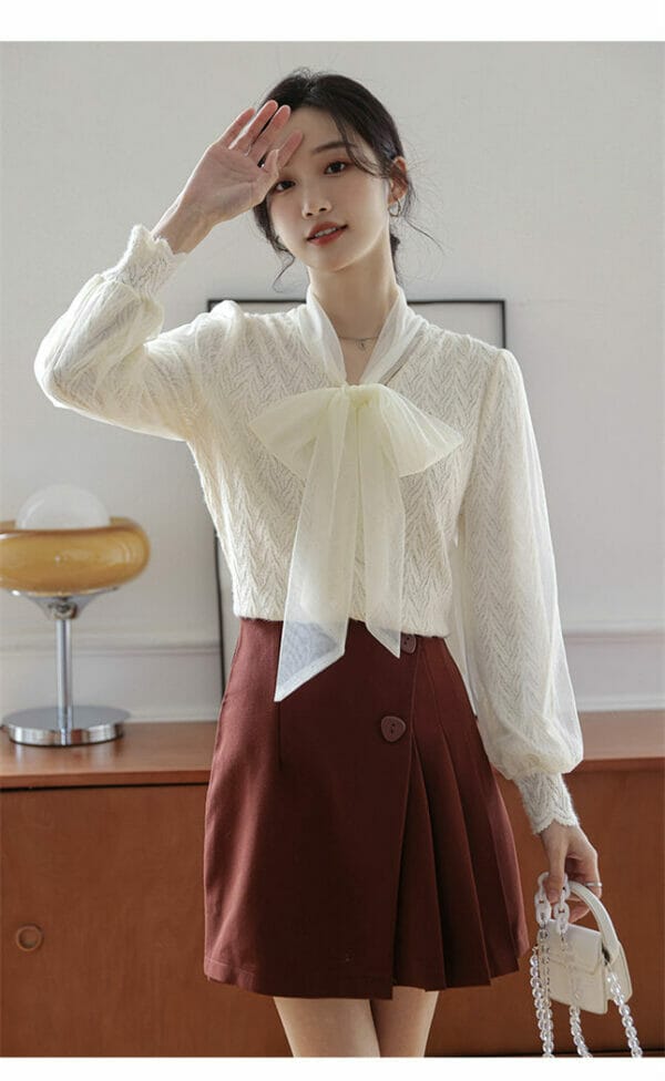 Grace Women Gauze Tie Collar Lace Puff Sleeve Blouse 2