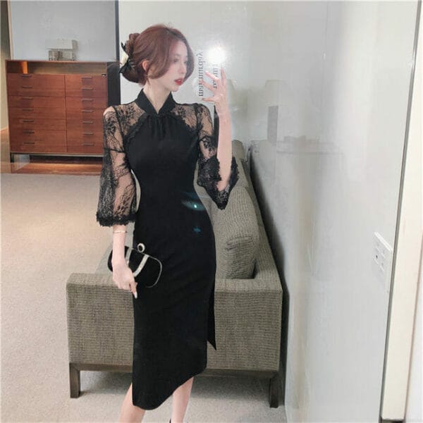 Grace Women Lace Flare Sleeve High Waist Split Slim Dress 2