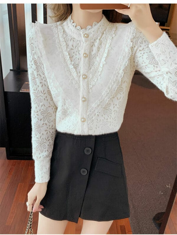 Grace Women Lace Flowers Slim Long Sleeve Blouse 4