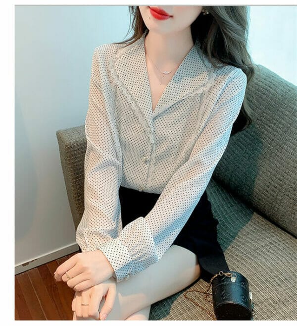 Grace Women Lace Tailored Collar Dots Long Sleeve Blouse 5