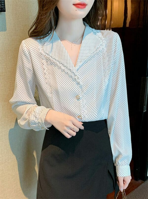 Grace Women Lace Tailored Collar Dots Long Sleeve Blouse 1