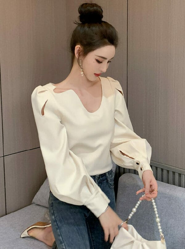 Grace Women Round Neck Hollow Out Puff Sleeve Blouse 5