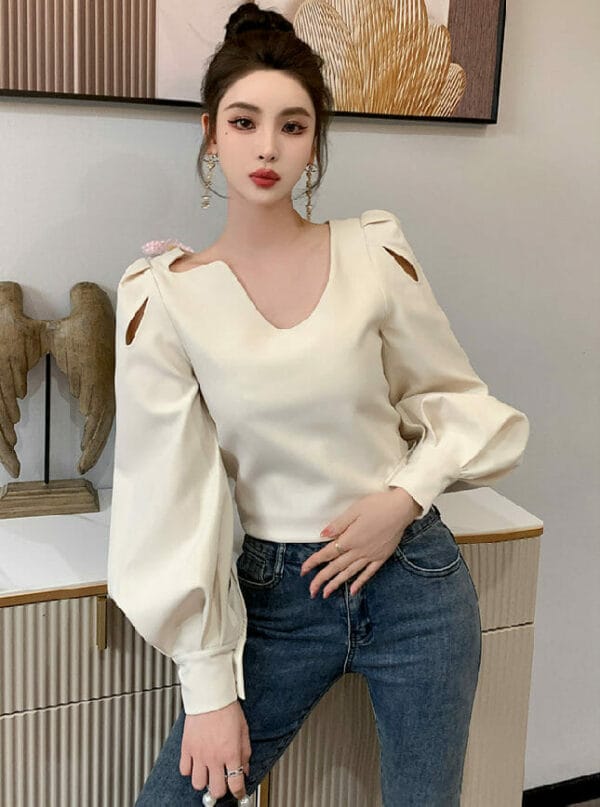 Grace Women Round Neck Hollow Out Puff Sleeve Blouse 4