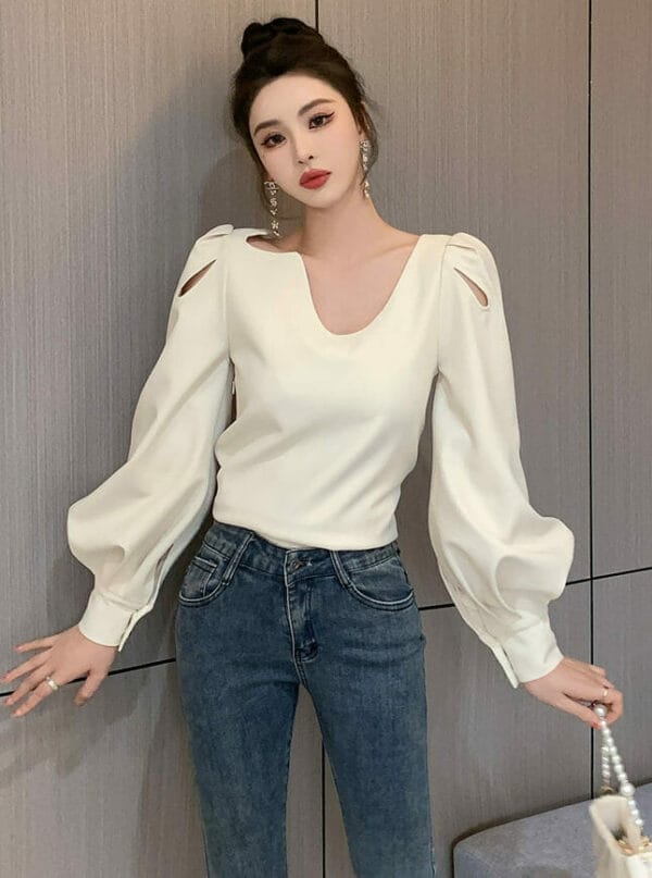 Grace Women Round Neck Hollow Out Puff Sleeve Blouse 2