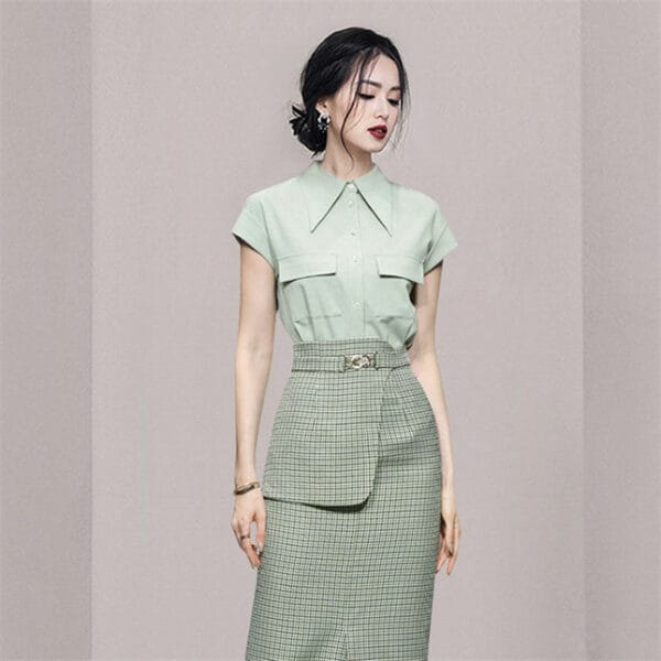 Grace Women Shirt Collar Blouse with Plaids Split Midi Skirt 2