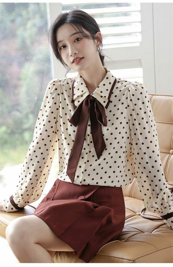 Grace Women Tie Bowknot Doll Collar Dots Loosen Blouse 3