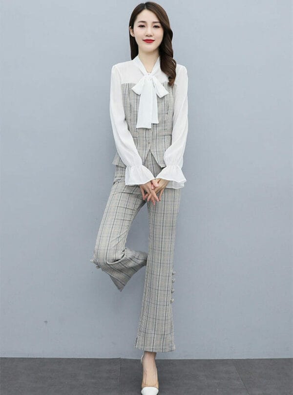 Grace Women Tie Collar Puff Sleeve Blouse with Plaids Flared Pants 4