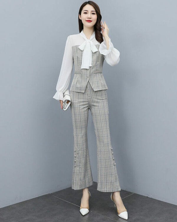 Grace Women Tie Collar Puff Sleeve Blouse with Plaids Flared Pants 3