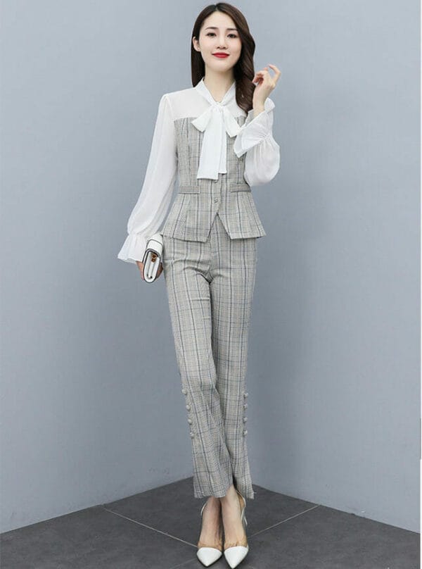 Grace Women Tie Collar Puff Sleeve Blouse with Plaids Flared Pants 1