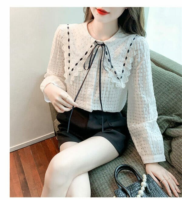 Grace Women Tie Lace Doll Collar Puff Sleeve Blouse 5