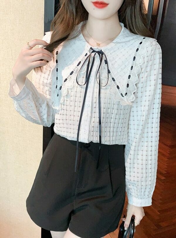 Grace Women Tie Lace Doll Collar Puff Sleeve Blouse 1