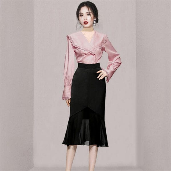 Grace Women Wraps Collar Blouse with Fishtail Slim Skirt 3