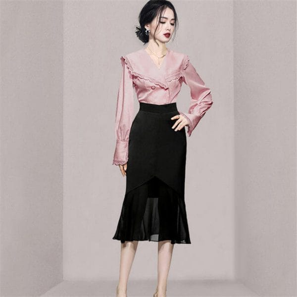 Grace Women Wraps Collar Blouse with Fishtail Slim Skirt 2