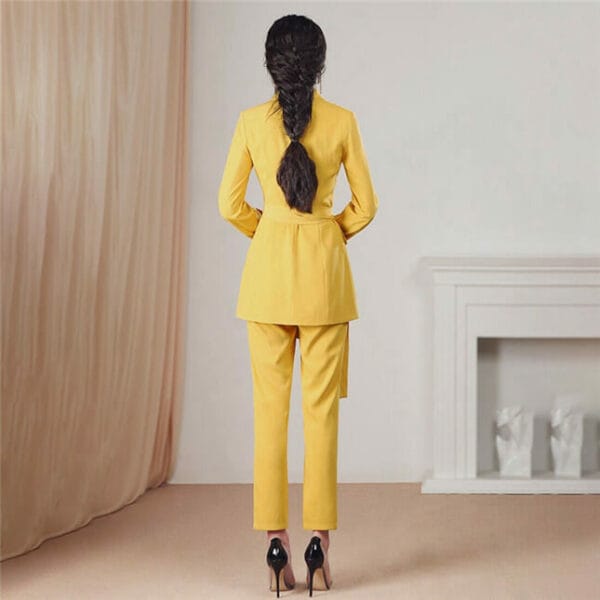 Handsome Lady Tailored Collar Tie Waist Slim Long Suits 4