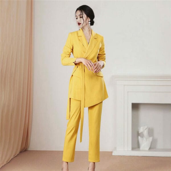 Handsome Lady Tailored Collar Tie Waist Slim Long Suits 3