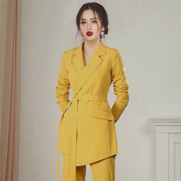 Handsome Lady Tailored Collar Tie Waist Slim Long Suits 2