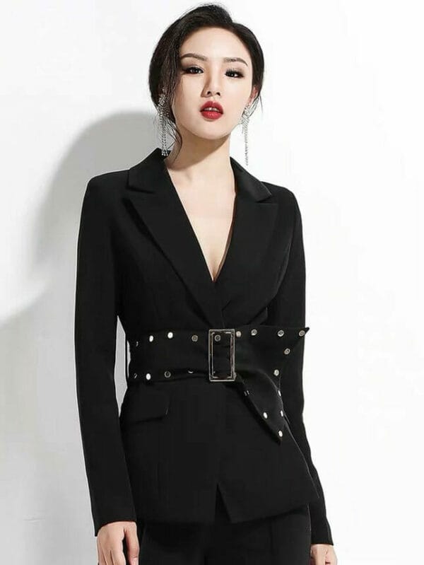 Handsome Lady Tailored Collar Tie Waist Slim Two Pieces Suits 2