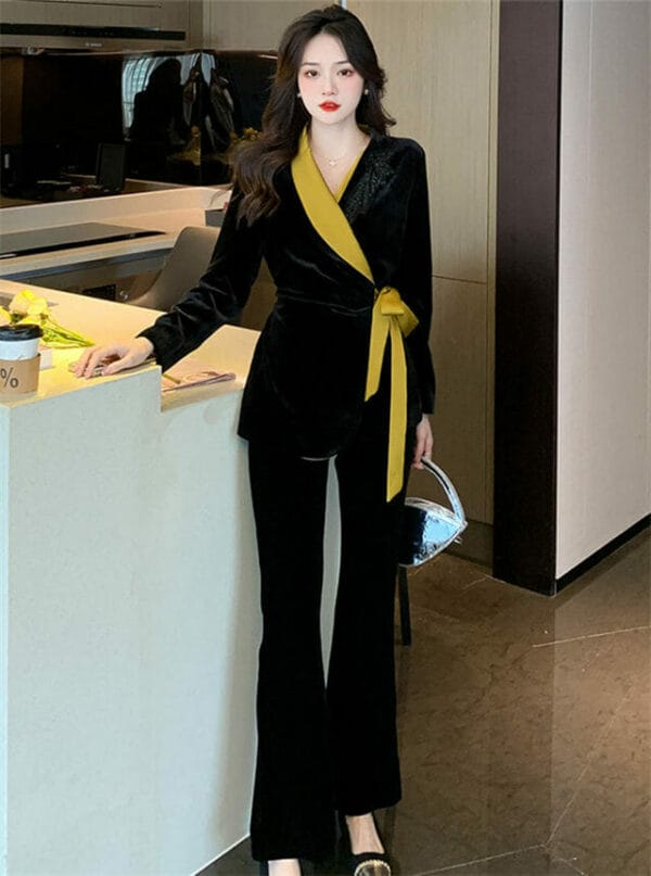 Handsome Lady Tailored Collar Tie Waist Velvet Two Pieces Suits 1