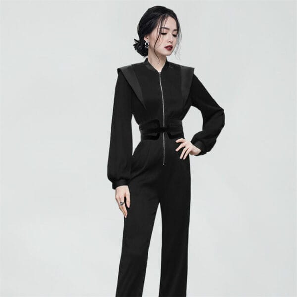 Handsome Lady Zipper V-neck High Waist Two Pieces Long Suits 3