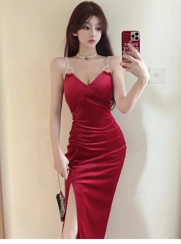 Hot 2 Colors Pearl Straps V Neck Pleated Velvet Long Dress • Seoulinspired