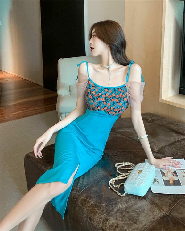 Hot Sell High Waist Flowers Splicing Split Straps Dress 2