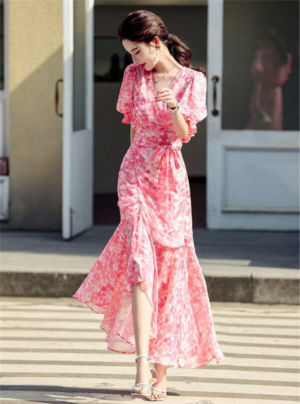 Hot Sell V-neck Puff Sleeve Tie Waist Flowers Dress Set 2