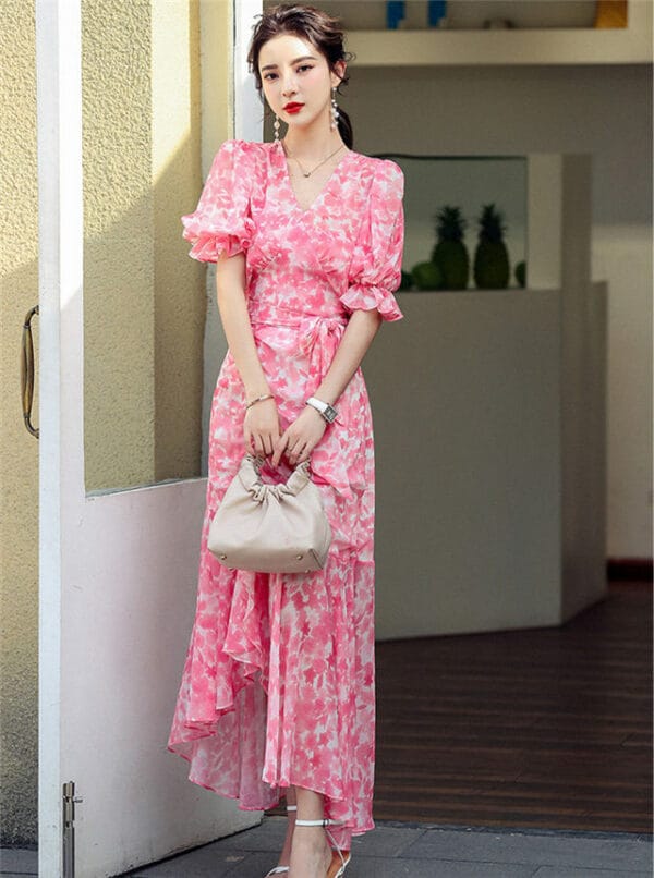 Hot Sell V-neck Puff Sleeve Tie Waist Flowers Dress Set 1