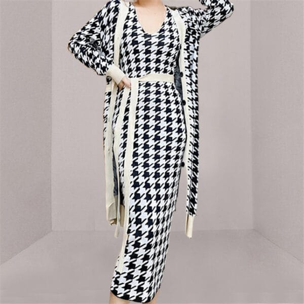 Hot Sell V-neck Tie Waist Houndstooth Knitting Dress Set 5