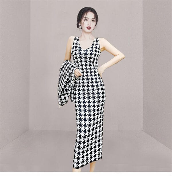 Hot Sell V-neck Tie Waist Houndstooth Knitting Dress Set 4