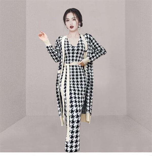 Hot Sell V-neck Tie Waist Houndstooth Knitting Dress Set 3