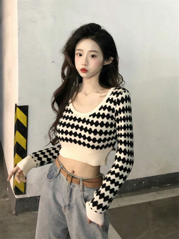 Hot Selling 2 Colors Bare-midriff Stripes Knitting T-shirt 2