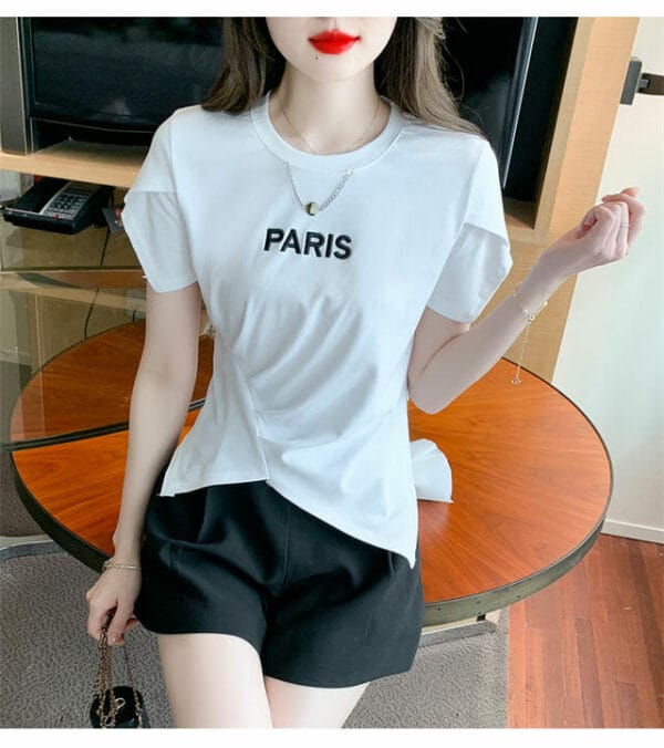 Hot Selling 2 Colors Chain Collar Letters Embroidery Pleated Tees 6