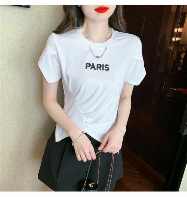 Hot Selling 2 Colors Chain Collar Letters Embroidery Pleated Tees 4